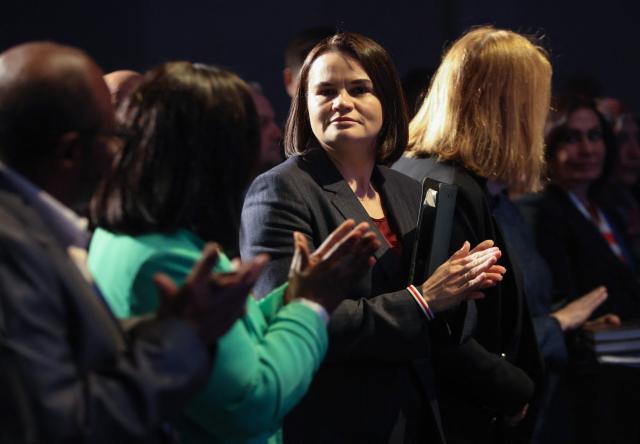 (L-R) Belarusian opposition leader Svetlana Tikhanovskaya attends the The World Forum 2026 on the "Future of Democracy, AI/Tech, and Humankind" as part of the "Cinema for Peace" events in Berlin, on February 16, 2026. opposition leader, Israeli politician Tziporah Malka "Tzipi" Livni  and Former Lithuanian President Dalia Grybauskait? (Photo by Adam BERRY / AFP)
