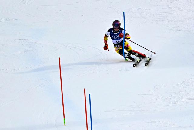 Belgium's Armand Marchant competes in the second run of the men's slalom alpine skiing event during the Milano Cortina 2026 Winter Olympic Games at the Stelvio Ski Centre in Bormio (Valtellina) on February 16, 2026. (Photo by Fabrice COFFRINI / AFP)