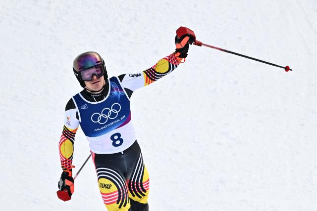 Belgium's Armand Marchant reacts in the finish area after competing in the second run of the men's slalom alpine skiing event during the Milano Cortina 2026 Winter Olympic Games at the Stelvio Ski Centre in Bormio (Valtellina) on February 16, 2026. (Photo by Fabrice COFFRINI / AFP)
