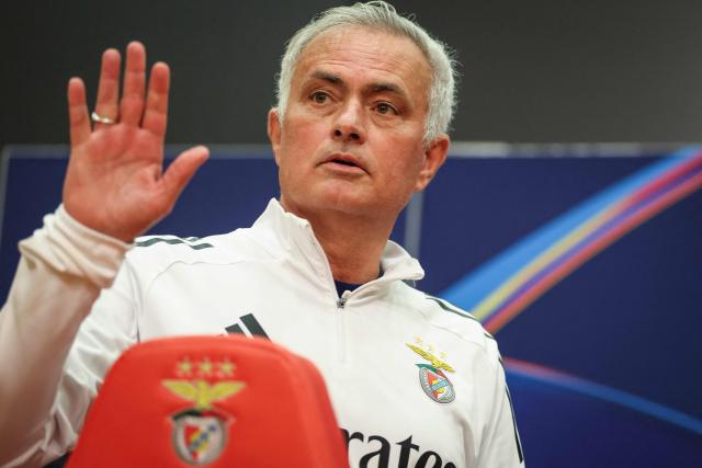 Benfica’s coach Jose Mourinho arrives for a press conference on the eve of their UEFA Champions League knockout round play-off first leg football match against Real Madrid at Benfica Campus in Seixal, outskirts of Lisbon, on February 16, 2026. (Photo by PATRICIA DE MELO MOREIRA / AFP)