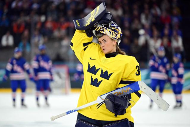 Sweden's #30 Emma Soderberg reacts during the women's play-off semi-final ice hockey match between USA and Sweden at the Milano Santagiulia Ice Hockey Arena during the Milano Cortina 2026 Winter Olympic Games in Milan, on February 16, 2026. (Photo by Piero CRUCIATTI / AFP)
