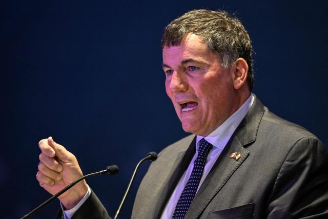 Canada's Minister of Internal Trade, Dominic LeBlanc, delivers a speech during a meeting with Canadian business leaders in Mexico City on February 16, 2026. (Photo by Yuri CORTEZ / AFP)
