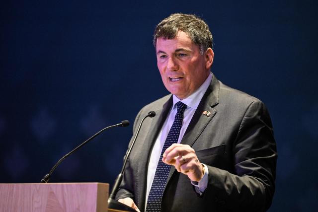 Canada's Minister of Internal Trade, Dominic LeBlanc, delivers a speech during a meeting with Canadian business leaders in Mexico City on February 16, 2026. (Photo by Yuri CORTEZ / AFP)