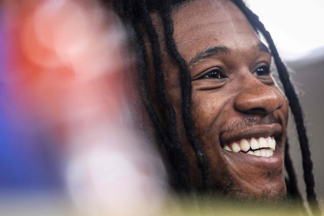 Real Madrid's French midfielder #06 Eduardo Camavinga gestures during a press conference on the eve of their UEFA Champions League knockout round play-off first leg football match against Benfica at Estadio da Luz in Lisbon, on February 16, 2026. (Photo by PATRICIA DE MELO MOREIRA / AFP)