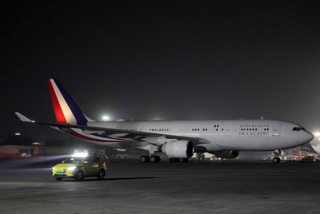 The presidential plane of France's President Emmanuel Macron arrives in Mumbai on February 17, 2026. The French president begins a three-day official visit to Mumbai and then New Delhi, his fourth trip to India since 2018, which will be punctuated by a series of events alongside the Indian Prime Minister. (Photo by Ludovic MARIN / AFP)