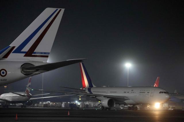The presidential plane of France's President Emmanuel Macron arrives in Mumbai on February 17, 2026. The French president begins a three-day official visit to Mumbai and then New Delhi, his fourth trip to India since 2018, which will be punctuated by a series of events alongside the Indian Prime Minister. (Photo by Ludovic MARIN / AFP)
