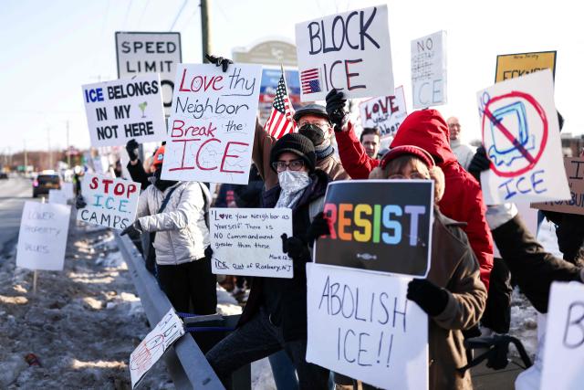 People protest against the planned project of converting a warehouse into a US Immigration and Customs Enforcement (ICE) detention center in Roxbury, New Jersey, on February 16, 2026. Activists say the Department of Homeland Security is considering converting this industrial warehouse into an ICE detention center which faces the opposition of the local community. (Photo by CHARLY TRIBALLEAU / AFP)