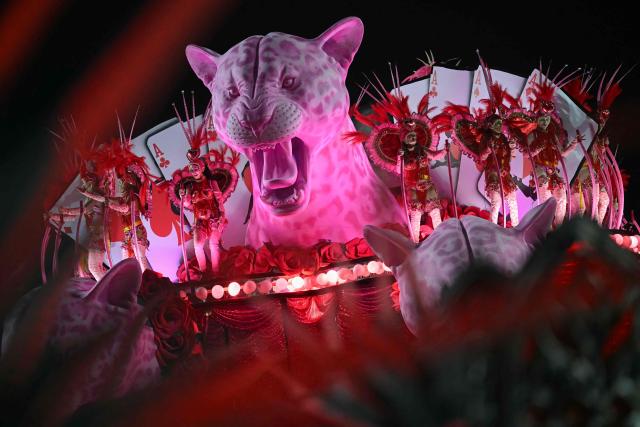 A float of the Mocidade Independente de Padre Miguel samba school parades during the second night of the Rio Carnival at the Marques de Sapucai Sambadrome in Rio de Janeiro, Brazil on February 16, 2026. (Photo by Mauro PIMENTEL / AFP)