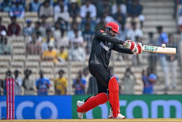 Canada's Yuvraj Samra plays a shot during the 2026 ICC Men's T20 Cricket World Cup group stage match between Canada and New Zealand at the MA Chidambaram Stadium in Chennai on February 17, 2026. (Photo by R. Satish BABU / AFP)