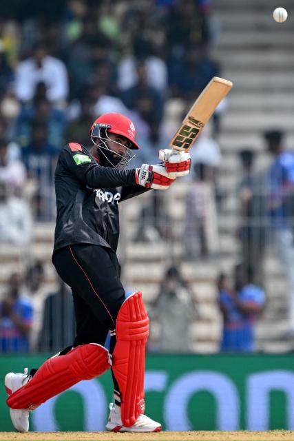 Canada's Yuvraj Samra plays a shot during the 2026 ICC Men's T20 Cricket World Cup group stage match between Canada and New Zealand at the MA Chidambaram Stadium in Chennai on February 17, 2026. (Photo by R. Satish BABU / AFP)