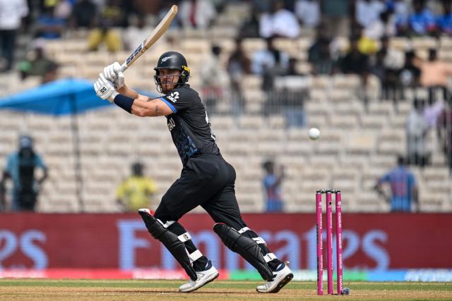 New Zealand's Finn Allen plays a shot during the 2026 ICC Men's T20 Cricket World Cup group stage match between Canada and New Zealand at the MA Chidambaram Stadium in Chennai on February 17, 2026. (Photo by R. Satish BABU / AFP)