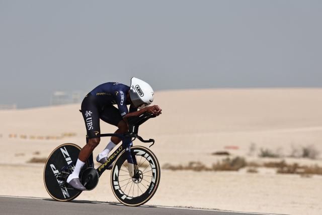Pinarello-Q36.5 Pro Cycling Team's French rider Emmanuel Houcoucompetes during the second stage of the UAE Tour cycling event on al-Hudayriyat Island in Abu Dhabi on February 17, 2026. (Photo by Fadel SENNA / AFP)