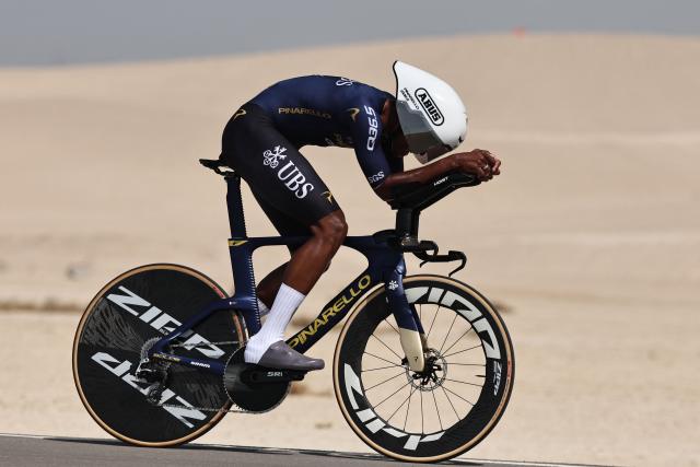 Pinarello-Q36.5 Pro Cycling Team's French rider Emmanuel Houcou competes during the second stage of the UAE Tour cycling event on al-Hudayriyat Island in Abu Dhabi on February 17, 2026. (Photo by Fadel SENNA / AFP)
