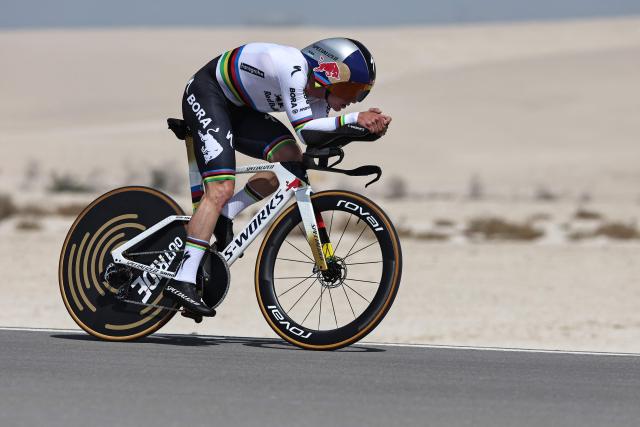 Red Bull-Bora-Hansgrohe's Belgian rider Remco Evenepoel competes during the second stage of the UAE Tour cycling event on al-Hudayriyat Island in Abu Dhabi on February 17, 2026. (Photo by Fadel SENNA / AFP)