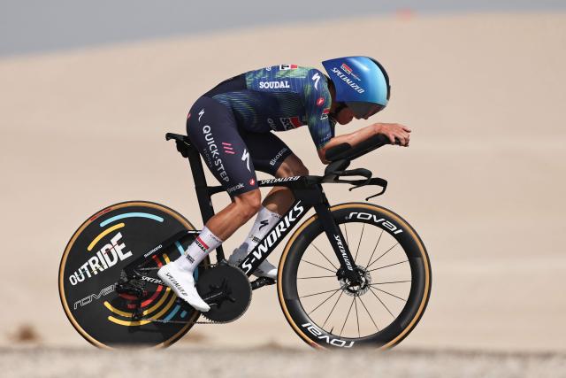 Soudal Quick-Step's Belgian rider Ilan Van Wilder competes during the second stage of the UAE Tour cycling event on al-Hudayriyat Island in Abu Dhabi on February 17, 2026. (Photo by Fadel SENNA / AFP)
