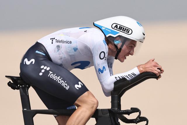 Movistar Team's Spanish rider Pablo Castrillo Zapater competes during the second stage of the UAE Tour cycling event on al-Hudayriyat Island in Abu Dhabi on February 17, 2026. (Photo by Fadel SENNA / AFP)