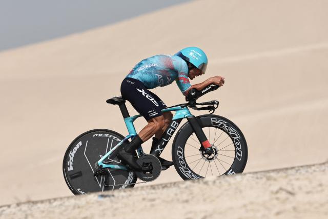 XDS Astana Team's Colombian rider Sergio Andres Higuita Garcia competes during the second stage of the UAE Tour cycling event on al-Hudayriyat Island in Abu Dhabi on February 17, 2026. (Photo by Fadel SENNA / AFP)
