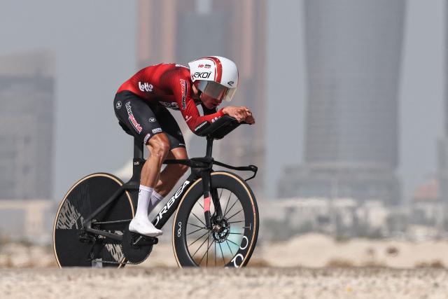 Lotto Intermarché's Belgian rider Lennert Van Eetvelt competes during the second stage of the UAE Tour cycling event on al-Hudayriyat Island in Abu Dhabi on February 17, 2026. (Photo by Fadel SENNA / AFP)