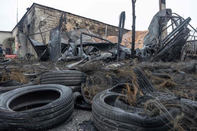 This photograph taken on February 17, 2026, shows a destroyed petrol station building at the site of a Russian attack in Odesa, amid the Russian invasion of Ukraine. A Russian drone strike on east Ukraine early on February 17, 2026, killed three energy workers near the industrial town of Sloviansk, Kyiv said, after a massive Russian attack targeted Ukrainian energy facilities overnight. (Photo by Oleksandr GIMANOV / AFP)