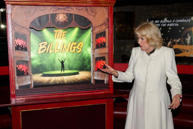 Britain's Queen Camilla gestures during the unveiling of the new name for the the new theatre during her visit to Theatre Royal Bath in the city of Bath, south-west England on February 17, 2026. (Photo by Chris Jackson / POOL / AFP)