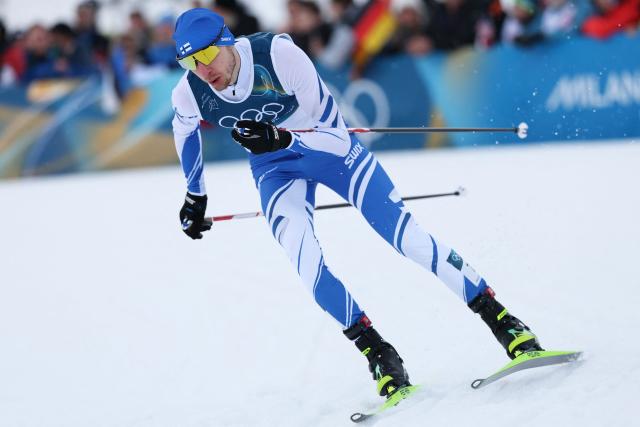 Finland's Ilkka Herola competes in the cross-country event of the nordic combined individual Gundersen large hill/10km at Tesero Cross Country Stadium at Lago di Tesero (Val di Fiemme) during the Milano Cortina 2026 Winter Olympic Games on February 17, 2026. (Photo by Anne-Christine POUJOULAT / AFP)
