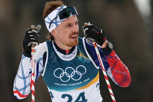 France's Mael Tyrode reacts after competing in the cross-country event of the nordic combined individual Gundersen large hill/10km at Tesero Cross Country Stadium at Lago di Tesero (Val di Fiemme) during the Milano Cortina 2026 Winter Olympic Games on February 17, 2026. (Photo by Anne-Christine POUJOULAT / AFP)
