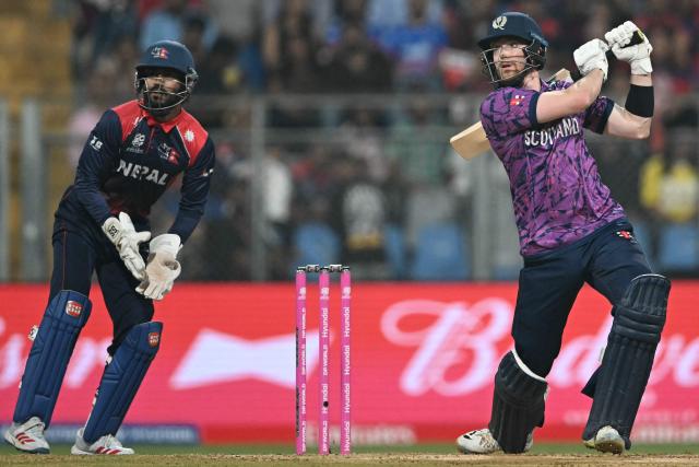 Scotland's Michael Jones plays a shot during the 2026 ICC Men's T20 Cricket World Cup group stage match between Nepal and Scotland at the Wankhede Stadium in Mumbai on February 17, 2026. (Photo by Punit PARANJPE / AFP)