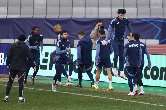 Qarabag's players attend a training session at the Tofiq Bahramov Republican Stadium in Baku on February 17, 2026, on the eve of the UEFA Champions League knockout phase play-off first leg football match between Qarabag and Newcastle. (Photo by Giorgi ARJEVANIDZE / AFP)