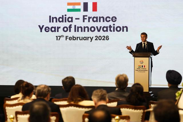 France's President Emmanuel Macron addresses the launch of the India-France Year of Innovation at the Taj Mahal Palace Hotel in Mumbai on February 17, 2026. (Photo by Ludovic MARIN / AFP)