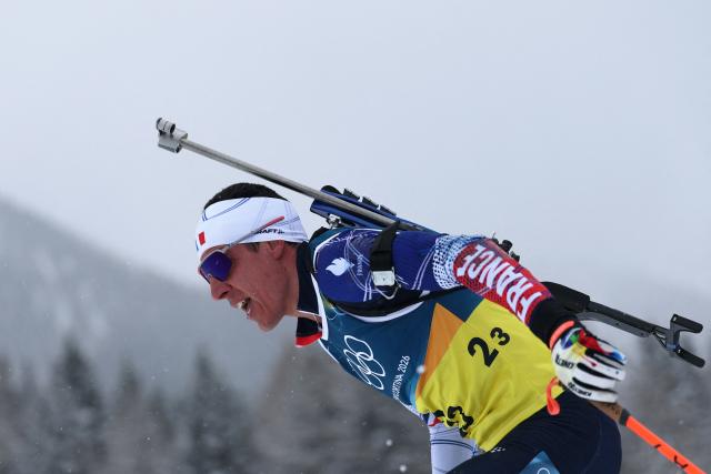 France's Quentin Fillon Maillet competes in the men's biathlon 4 x 7,5km relay event during the Milano Cortina 2026 Winter Olympic Games at the Anterselva Biathlon Arena (Sudtirol Arena) in Anterselva (Val Pusteria) on February 17, 2026. (Photo by FRANCK FIFE / AFP)