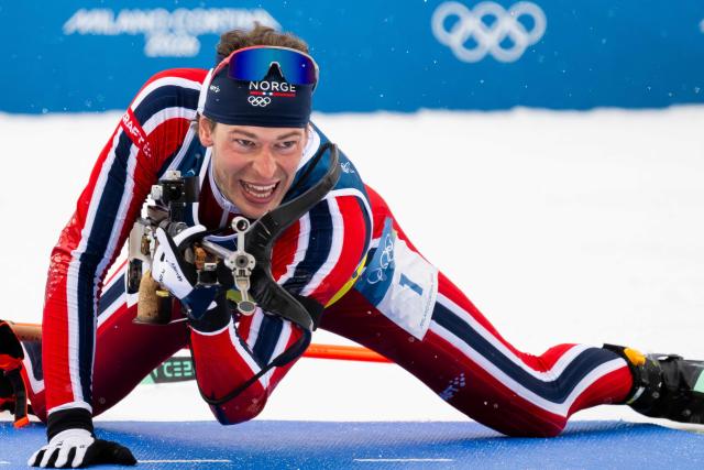 Norway's Sturla Holm Laegreid prepares to shoot as he competes in the men's biathlon 4 x 7,5km relay event during the Milano Cortina 2026 Winter Olympic Games at the Anterselva Biathlon Arena (Sudtirol Arena) in Anterselva (Val Pusteria) on February 17, 2026. (Photo by FRANCOIS-XAVIER MARIT / AFP)