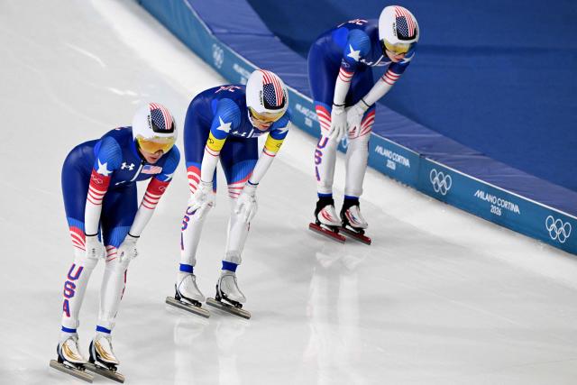 (From L) USA's Brittany Bowe, USA's Mia Manganello and USA's Greta Myers react after coming in second in the speed skating women's team pursuit final B during the Milano Cortina 2026 Winter Olympic Games at Milano Speed Skating Stadium in Milan on February 17, 2026. (Photo by Daniel MUNOZ / AFP)