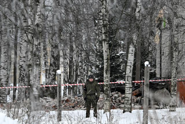 A view of the site of the collapsed military police building on the grounds of an army base in Sertolovo in the Leningrad region on February 17, 2026. Local media reported that three people died in the incident, citing emergency services. (Photo by Olga MALTSEVA / AFP)