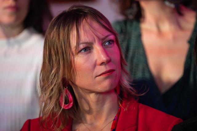 French politician and member of the "Printemps Marseillais", Pascaline Lecorche, looks on during a press conference of Marseille's incumbent mayor and candidate for re-election, Benoit Payan (not pictured), in Marseille, southern France, on February 17, 2026. (Photo by MIGUEL MEDINA / AFP)