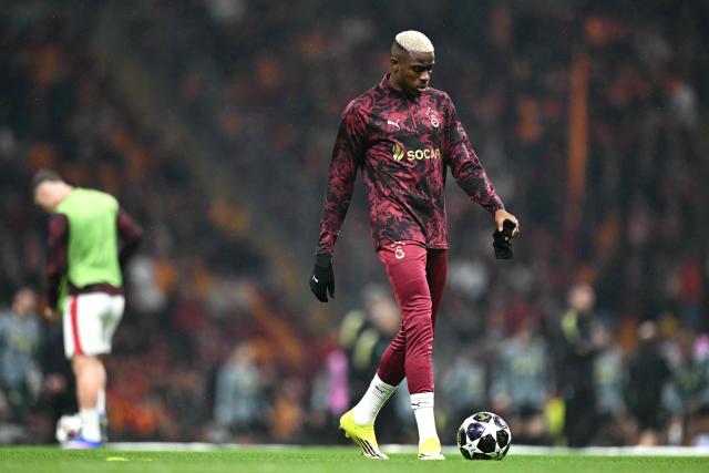 Galatasaray's Nigerian forward #45 Victor Osimhen warms up prior to the UEFA Champions League, knockout round play-off 1st leg, football match between Galatasaray SK and Juventus FC at the Rams Park in Istanbul on February 17, 2026. (Photo by Ozan KOSE / AFP)