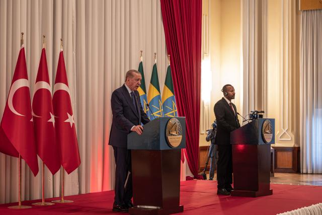 Turkey's President Recep Tayyip Erdogan (L) and Ethiopia's Prime Minister Abiy Ahmed hold a join press conference during Erdogan's official visit at the National Palace in Addis Ababa on February 17, 2026. (Photo by Marco Simoncelli / AFP)