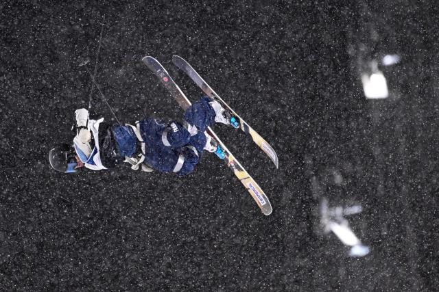 France's Timothe Sivignon warms up before the freestyle skiing men's freeski big air final run 1 during the Milano Cortina 2026 Winter Olympic Games at Livigno Snow Park, in Livigno (Valtellina), on February 17, 2026. (Photo by Kirill KUDRYAVTSEV / AFP)