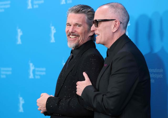 US actor Ethan Hawke (L) and US director Padraic McKinley pose during a photo call for the film 'The Weight' presented in Berlinale Special Gala at the 76th Berlinale, Europe's first major film festival of the year, in Berlin on February 17, 2026. (Photo by Ronny HARTMANN / AFP)