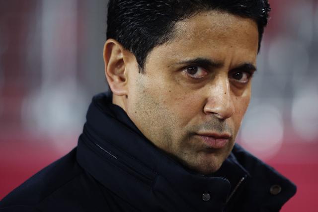 Paris Saint Germain's Qatari president Nasser al-Khelaifi looks on prior to the start of the UEFA Champions League knockout round play-off first leg football match between AS Monaco and Paris Saint-Germain at Stade Louis II in the Principality of Monaco on February 17, 2026. (Photo by Valery HACHE / AFP)