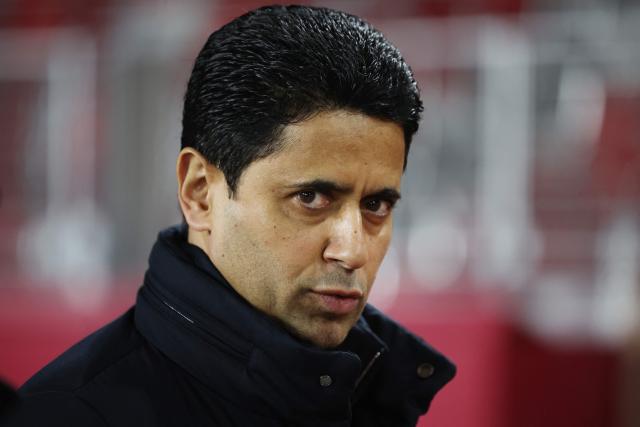 Paris Saint Germain's Qatari president Nasser al-Khelaifi looks on prior to the start of the UEFA Champions League knockout round play-off first leg football match between AS Monaco and Paris Saint-Germain at Stade Louis II in the Principality of Monaco on February 17, 2026. (Photo by Valery HACHE / AFP)