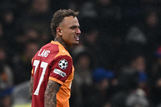 Galatasaray's Dutch forward #77 Noa Lang celebrates scoring his team's second goal during the UEFA Champions League, knockout round play-off 1st leg, football match between Galatasaray SK and Juventus FC at the Rams Park in Istanbul on February 17, 2026. (Photo by YASIN AKGUL / AFP)