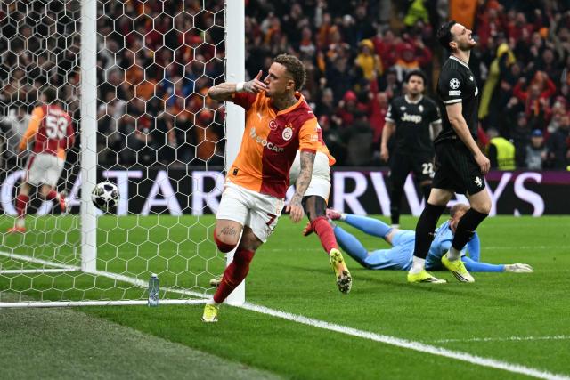 Galatasaray's Dutch forward #77 Noa Lang celebrates scoring his team's second goal during the UEFA Champions League, knockout round play-off 1st leg, football match between Galatasaray SK and Juventus FC at the Rams Park in Istanbul on February 17, 2026. (Photo by OZAN KOSE / AFP)