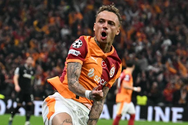 Galatasaray's Dutch forward #77 Noa Lang celebrates scoring his team's second goal during the UEFA Champions League, knockout round play-off 1st leg, football match between Galatasaray SK and Juventus FC at the Rams Park in Istanbul on February 17, 2026. (Photo by OZAN KOSE / AFP)