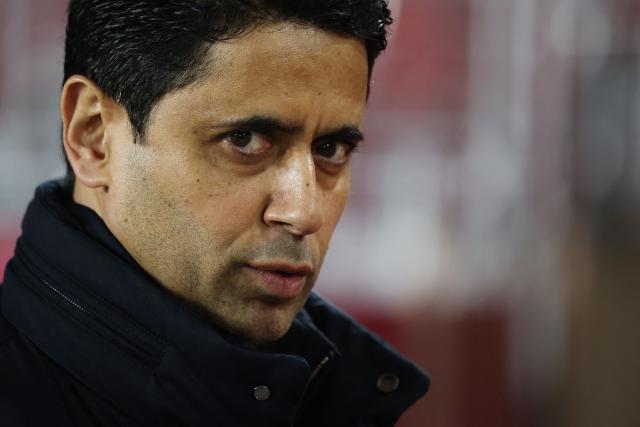 Paris Saint Germain's Qatari president Nasser al-Khelaifi looks on prior to the start of the UEFA Champions League knockout round play-off first leg football match between AS Monaco and Paris Saint-Germain at Stade Louis II in the Principality of Monaco on February 17, 2026. (Photo by Valery HACHE / AFP)