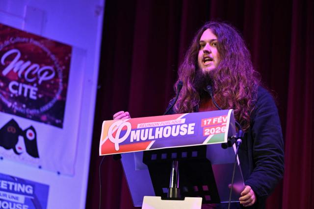 La France Insoumise (LFI) head of list for Mulhouse Eliot Gafanesch speaks during a meeting of LFI for a popular and anti-racist Mulhouse as part of the campaign for France's upcoming municipal elections, in Mulhouse, eastern France on February 17, 2026. (Photo by SEBASTIEN BOZON / AFP)