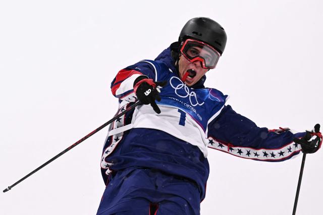 USA's Troy Podmilsak reacts after competing in the freestyle skiing men's freeski big air final run 3 during the Milano Cortina 2026 Winter Olympic Games at Livigno Snow Park, in Livigno (Valtellina), on February 17, 2026. (Photo by Kirill KUDRYAVTSEV / AFP)
