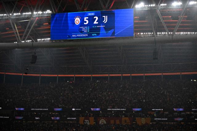 This photograph shows the final score at the end of the UEFA Champions League, knockout round play-off 1st leg, football match between Galatasaray SK and Juventus FC at the Rams Park in Istanbul on February 17, 2026. (Photo by YASIN AKGUL / AFP)