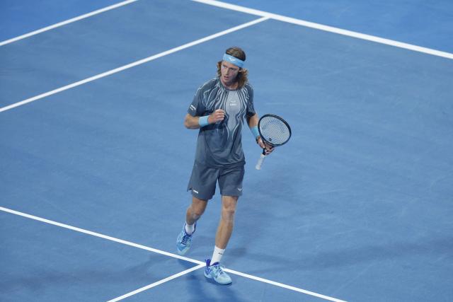 Russia's Andrey Rublev reacts during their men’s singles match against Netherlands’ Jesper De Jong at the Qatar Open tennis tournament in Doha on February 17, 2026. (Photo by Karim JAAFAR / AFP)