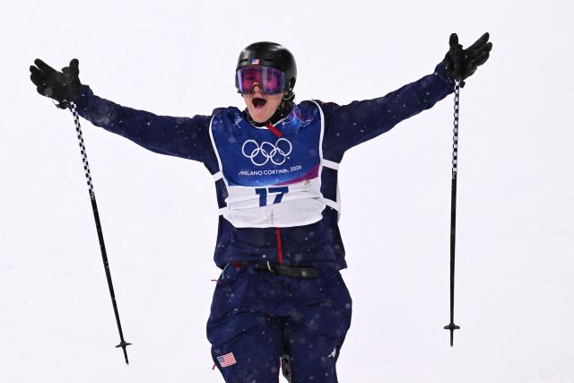 USA's Konnor Ralph reacts after competing in the freestyle skiing men's freeski big air final run 3 during the Milano Cortina 2026 Winter Olympic Games at Livigno Snow Park, in Livigno (Valtellina), on February 17, 2026. (Photo by Kirill KUDRYAVTSEV / AFP)