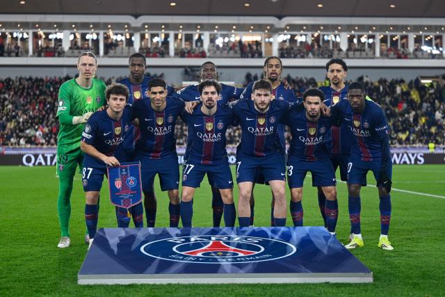 Paris Saint-Germain's players pose for a team picture before the start of the UEFA Champions League knockout round play-off first leg football match between AS Monaco and Paris Saint-Germain at the Stade Louis II in the Principality of Monaco on February 17, 2026. (Photo by Frederic Dides / AFP)